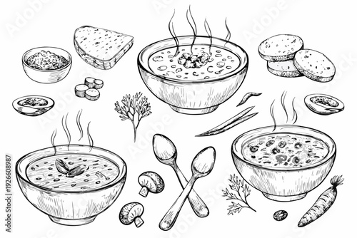 Sketch of hearty soup bread and various vegetable accompaniments