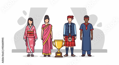 Diverse group of people in traditional cultural attire standing with a golden trophy, celebrating global unity and achievement