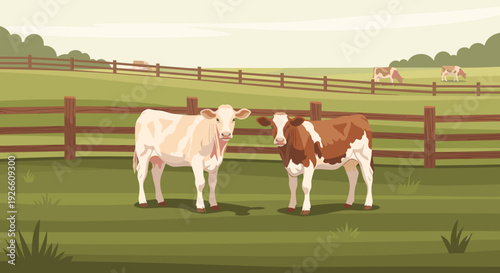 Two calves standing together on a farm pasture with wooden fence  for agricultural, educational, and farming advertisements