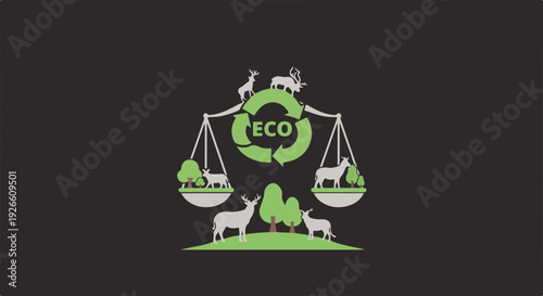 Scales of justice balancing nature and wildlife with an 'ECO' recycling symbol, representing environmental balance.