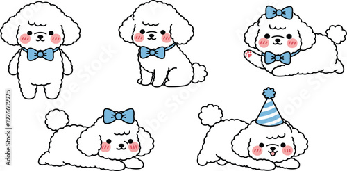 Cute White Poodle Dog Cartoon Set with Different Poses Bow Tie and Party Hat Adorable Puppy Character Collection Vector Illustration