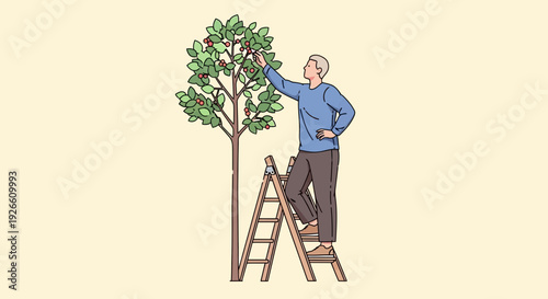 Flat vector cartoon man pruning a tree on a ladder, holding shears, cutting a branch, yellow background, side view illustration