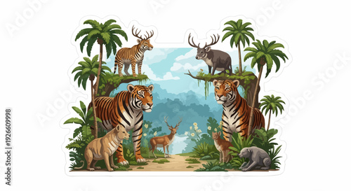 Wildlife scene with tigers, deer, and other animals in a lush jungle habitat