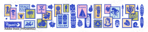 Tropical summer postal stamp, ocean beach postmark sticker, hand drawn doodle travel coastal print. Paradise island vacation badge set, Hawaii surfboard, tiki mask sign. Summer scrapbook stamp design