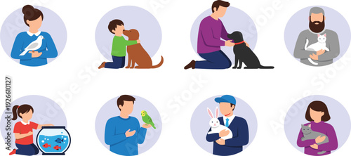 Diverse People and Pet Companionship Icon Set Featuring Men Women and Children with Dogs Cats Birds Rabbit and Fish for Mental Health and Animal Therapy