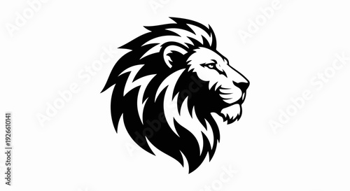 Black and white lion head profile, powerful wild animal symbol, majestic regal icon