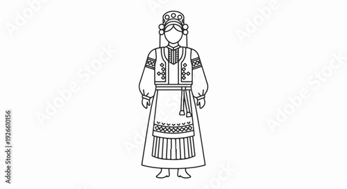 Line drawing of a woman in traditional ethnic clothing, cultural folk costume