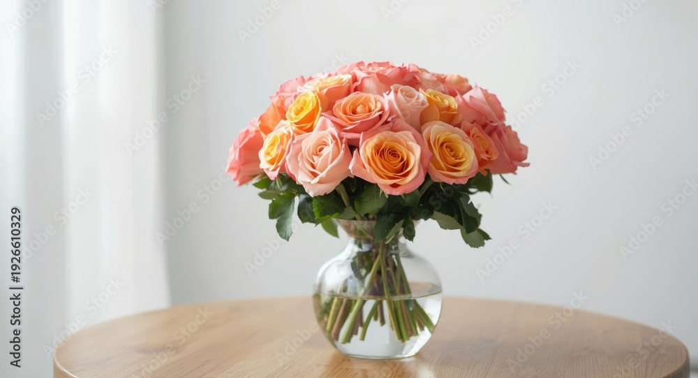 Fototapeta premium Neatly displayed pink and orange rose bouquet in a crystal clear vase adding floral charm indoors