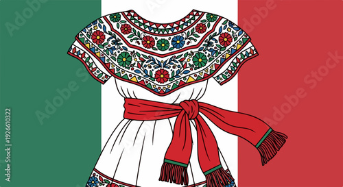 Embroidered Mexican Dress on Flag of Mexico, Celebrating Culture and Heritage