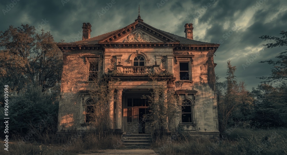 Fototapeta premium Aged haunted house featuring decayed facade emphasizing neglect and heritage preservation
