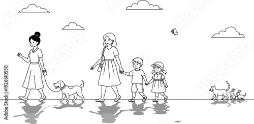 Family Walking with Dog in Park Illustration with Mother Children Cat and Rabbits for Community Living and Pet Ownership Line Art Coloring Page