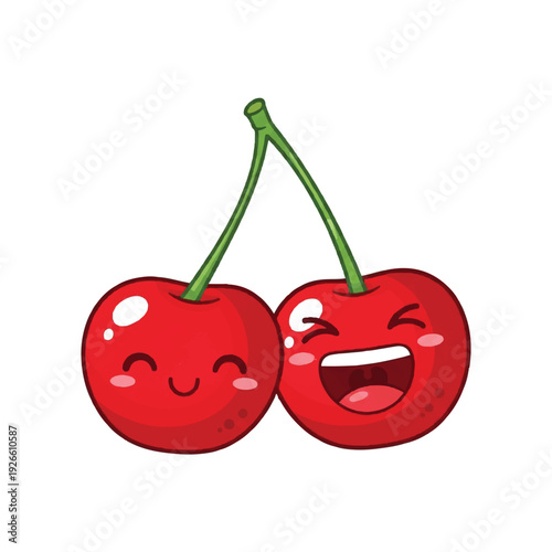 Two cartoon cherries with smiling and laughing faces, depicted in a digital illustration with bright red color and green stems on a white background. Perfect for stickers, emoticons, and
