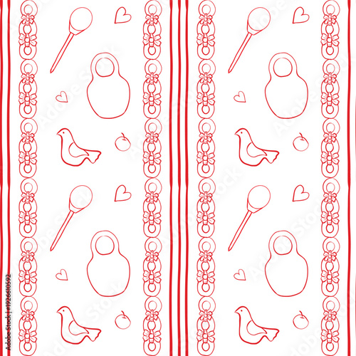 Wedding seamless pattern, stripe, matryoshka, bagels, red, Slavic wedding, a-la Russia, vector
