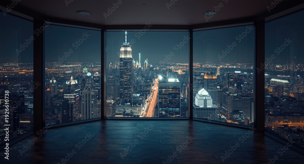 Fototapeta premium Empty luxury room in skyscraper presenting spectacular nighttime city panorama through window
