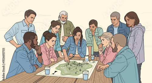Flat vector depiction of diverse collaboration group around a table, planning with a map on a wood surface in a calm beige setting