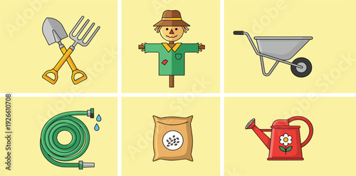 Gardening Tools and Farm Equipment Collection Featuring Scarecrow, Wheelbarrow, Watering Can, Hose, Seeds and Shovel for Agriculture Vector Illustration Set