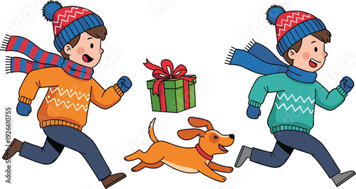 Happy boys running with playful dog and Christmas gift, winter holiday illustration for celebration, festive season activities, joyful children themes