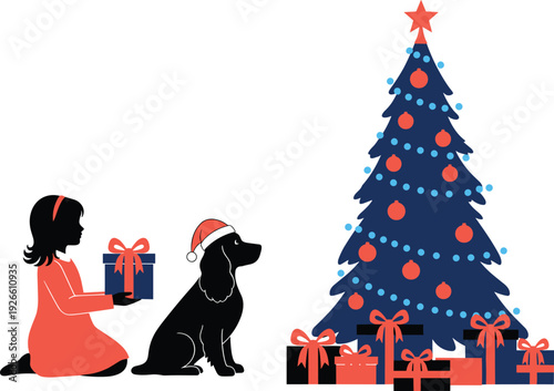 Girl giving gift to dog wearing Santa hat beside decorated Christmas tree, festive holiday illustration with presents, winter celebration artwork designv