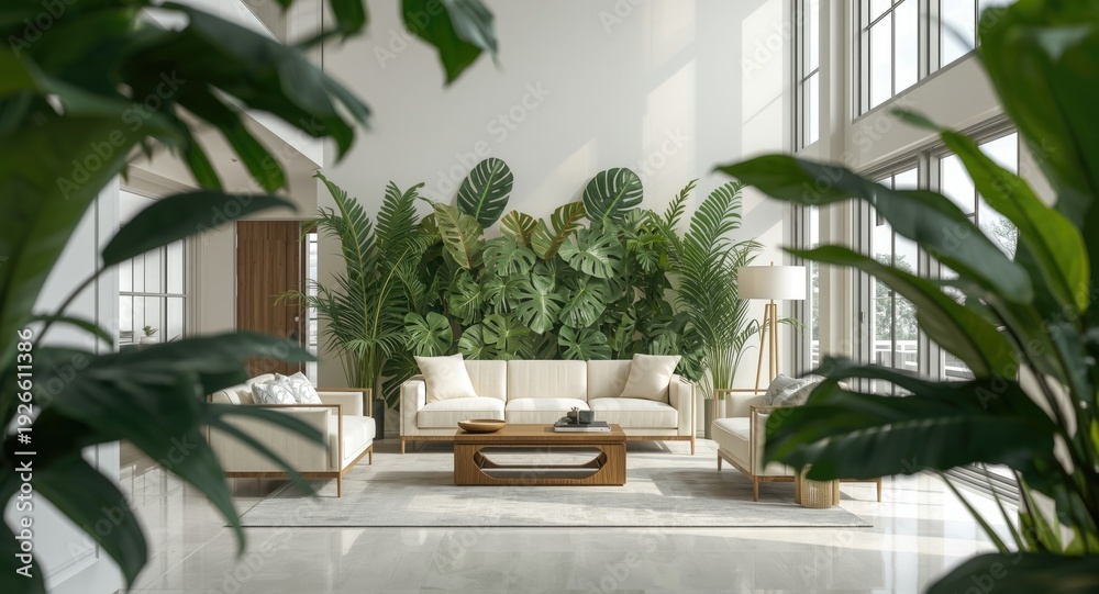 Fototapeta premium Modern interior decorated with lush tropical leaves and elegant furniture