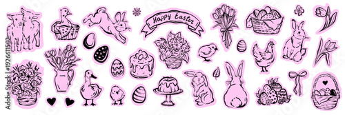 Spring Easter sticker, holiday doodle icon, hand drawn traditional egg hunt print cute cartoon bunny. Farm baby animals birds, tulip bouquet festive cake paper collage patch. Easter decoration sticker