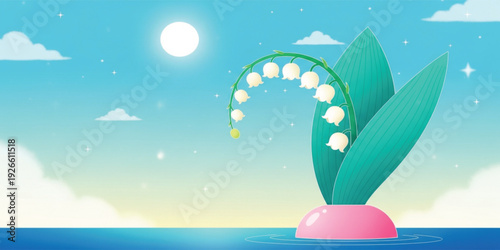 Minimalist Lily of the Valley Flower in Surreal Water Landscape with Moon and Stars Dreamy Nature Botanical Background Vector Illustration
