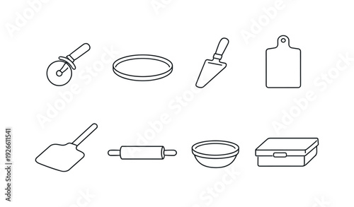 Kitchen pizza tools: pizza cutter, pizza pan, serving spatula, cutting board, oven peel, dough roller, topping bowl, storage box