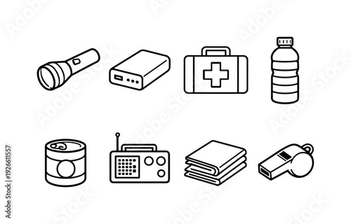 Home emergency supplies: flashlight, battery pack, first aid kit, water bottle, canned food, radio, emergency blanket, whistle