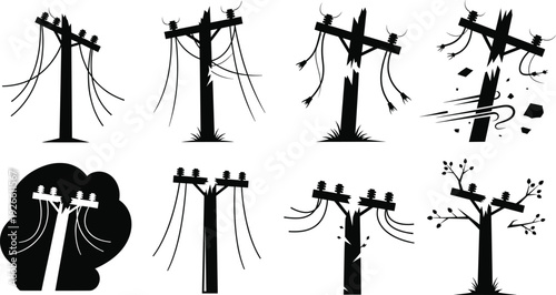 Set of broken, damaged, and weather-worn electric utility poles illustration, distressed power lines artwork, destroyed telephone pole silhouettes, storm-affected infrastructure
