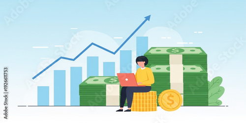 Online Investment and Financial Growth Concept with Businesswoman Using Laptop Surrounded by Money Stacks Coins and Rising Chart Arrow Vector Illustration