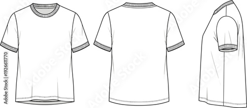 Short sleeve t shirt technical vector illustration, casual apparel blueprint drawing, front back side views, collar hem stitching detail layout
