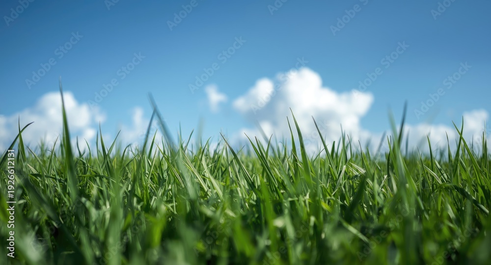 Fototapeta premium Soft green grassy ground with a vivid clear sky backdrop