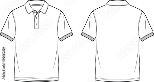 Polo shirt technical vector illustration, short sleeve collared apparel blueprint drawing, front back views, placket collar hem stitching layout