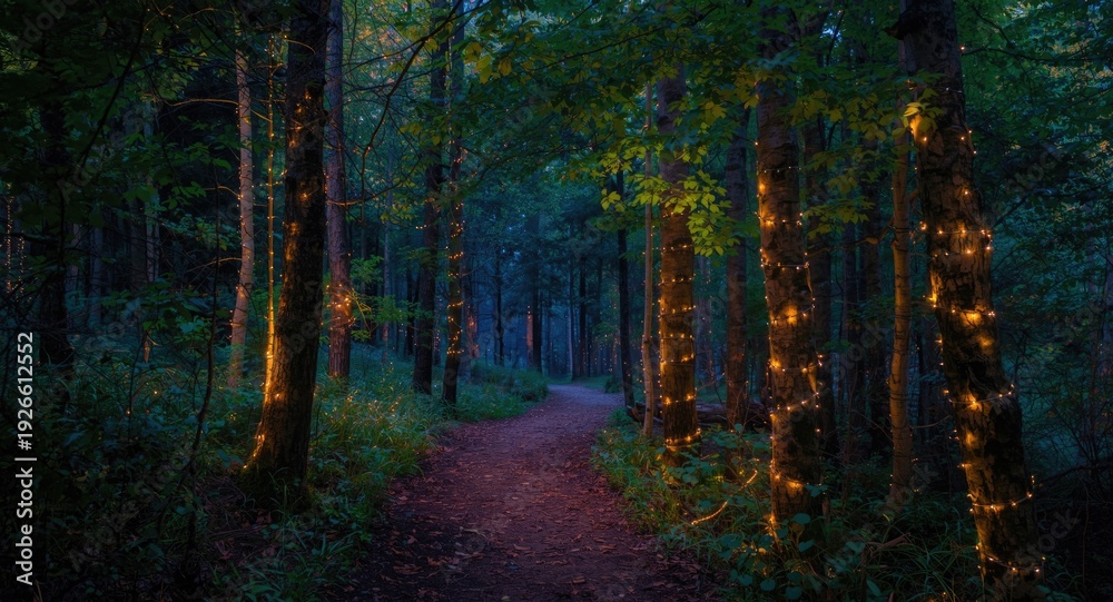 Fototapeta premium Fairy light glowing forest path with a mystical and charming natural atmosphere