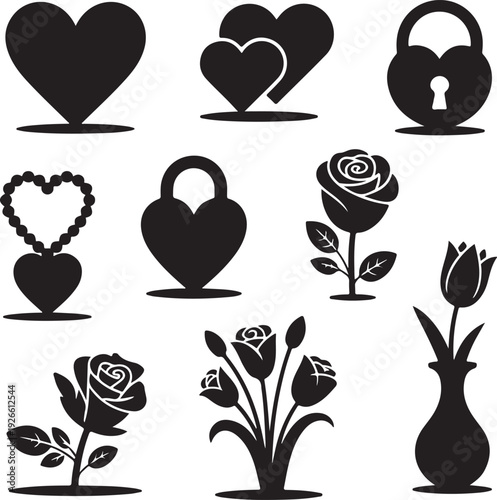 black silhouettes of hearts and flowers on white background