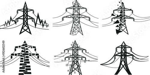 Set of creative high voltage power line pylon icons featuring glitch, geometric, circuit, broken, and artistic abstract electric transmission tower designs