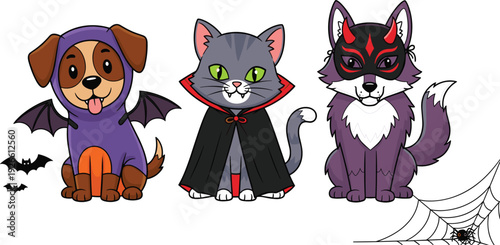 Set of Cute Cartoon Pets in Halloween Costumes Featuring Dog as Bat Cat as Vampire and Wolf with Demon Mask for Spooky Holiday Celebrations