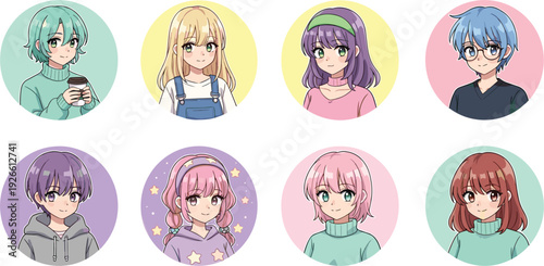Set of Diverse Anime Character Portraits in Circular Frames for Social Media Avatars Gaming Profiles and Kawaii Style Manga UI Design