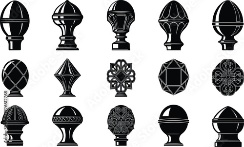 Set of decorative finial silhouettes, ornamental furniture knob icons, vintage architectural detail elements, black vector illustrations on white background set.