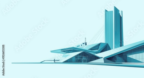 Futuristic building illustration in cyan hues with space for text