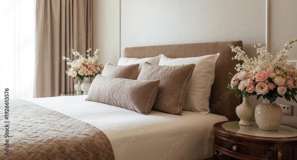 Fototapeta premium Elegant hotel bed styling with comfortable pillows and fresh flowers for welcoming guests