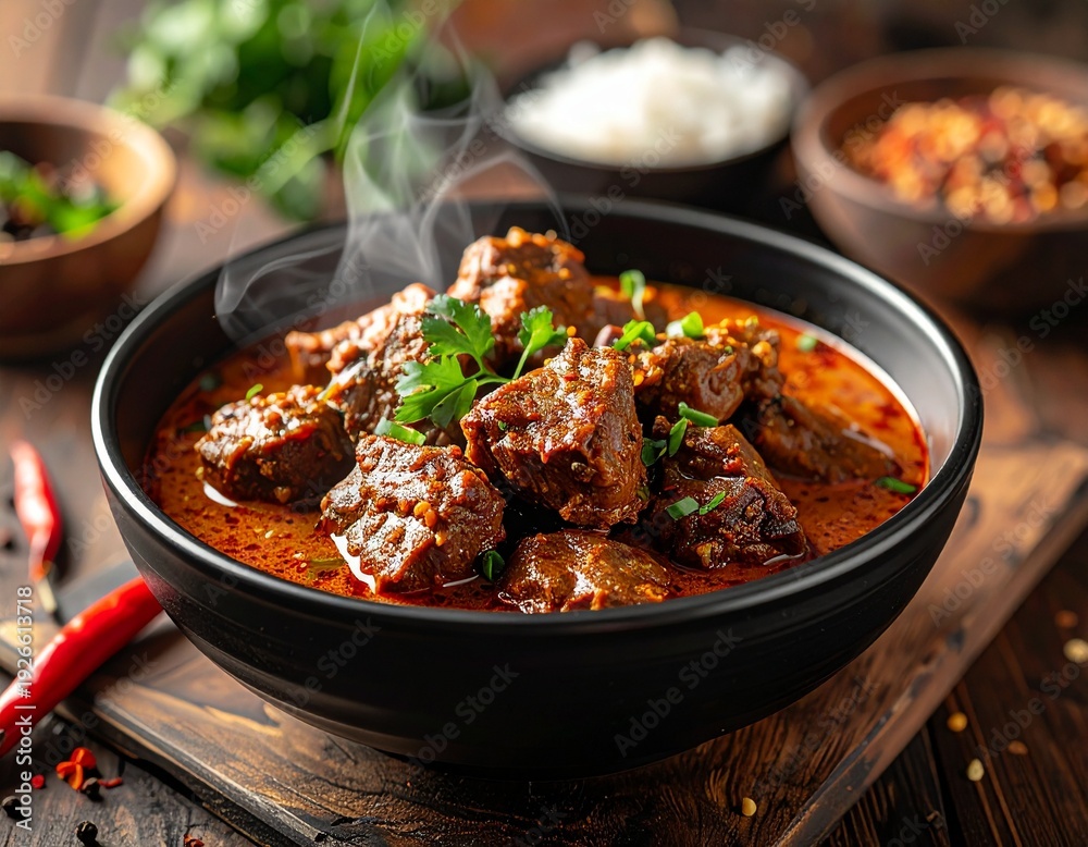 Fototapeta premium A steaming bowl of rich, aromatic and spicy meat curry, a hearty traditional dish served on a rustic wooden table with fresh herbs and chili peppers, evoking warmth and flavor