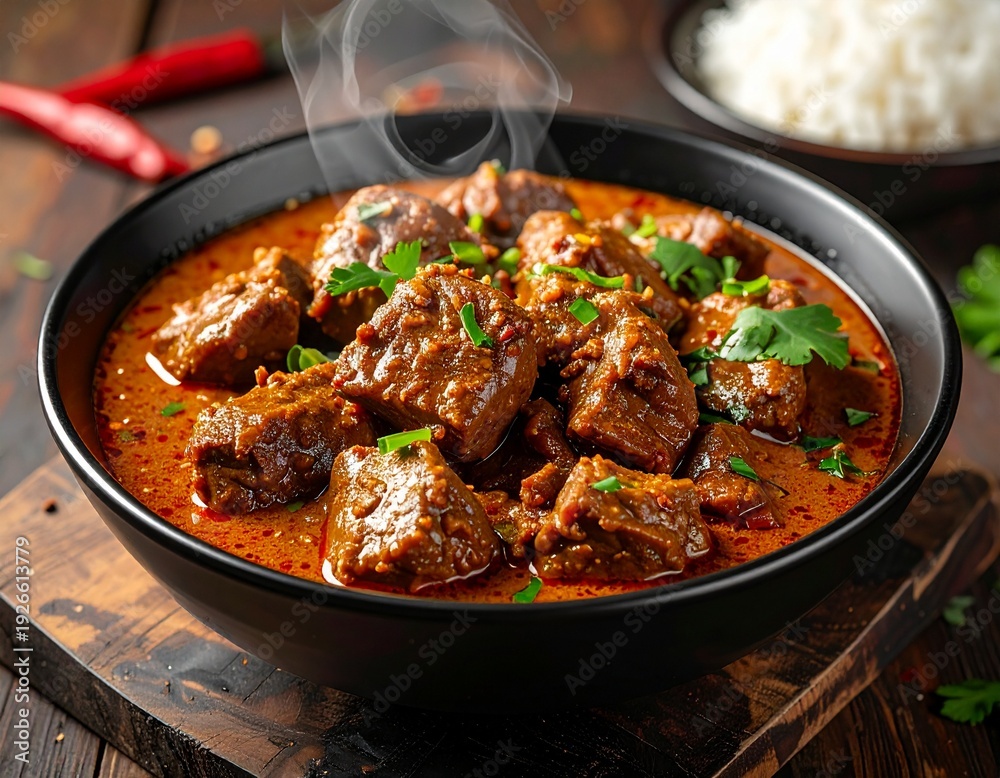 Fototapeta premium Steaming Hot and Flavorful Meat Curry Dish, Richly Spiced and Garnished with Fresh Herbs, Ready to Serve with Rice, A Perfect Comfort Food Meal