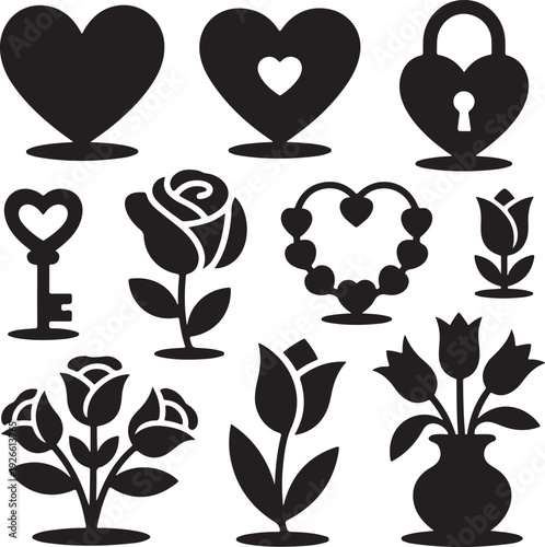 black silhouettes of hearts flowers and keys on white background
