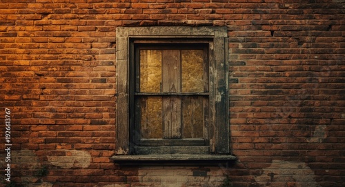 Rustic brick wall featuring an old wooden window with vintage texture and historic architectural appeal