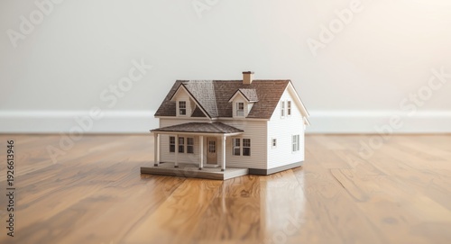 One level house model on wood floor depicting buyer acquiring property under rent to own terms for living and investment