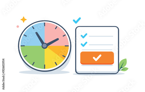 Mindful time blocking and focused productivity in a modern professional routine emphasizing intentional work habits, a segmented clock paired with a