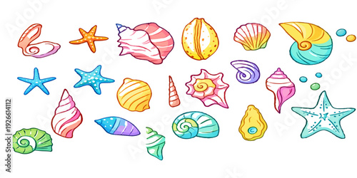 A seamless nature pattern illustration featuring a collection of colorful Easter eggs set among cartoon sea shells, starfish, and summer beach elements in a vibrant underwater ocean design vector