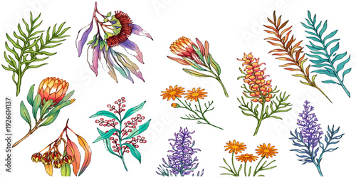 Seamless pattern of colorful spring flowers and green leaves featuring a floral vector design for nature-inspired summer garden blossom decoration