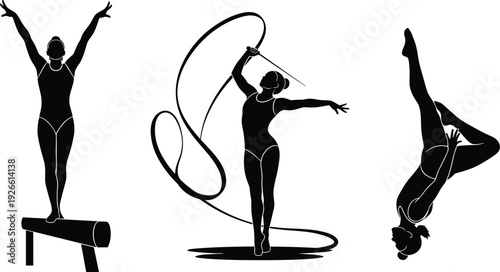 Set of female gymnast silhouettes performing on a balance beam, with rhythmic ribbon, and executing a floor exercise flip, illustrating athleticism and grace.