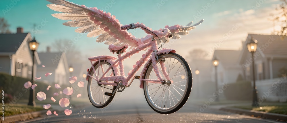 Fototapeta premium A whimsical pink bicycle with angel wings flying over a misty street at dawn 